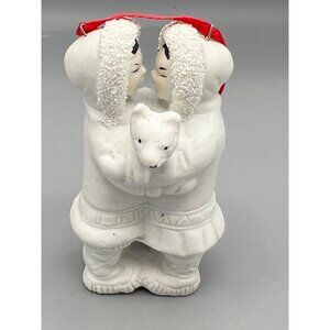 Eskimos Rubbing Noses Kissing Porcelain Tree Ornament white Red Ribbon 3.5" Tall